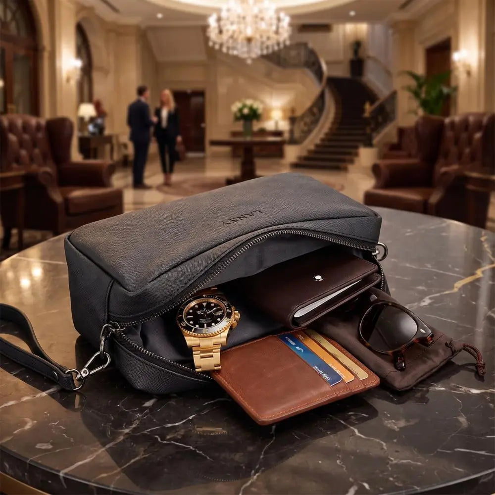 LANSY dark gray travel pouch with wrist strap and personal accessories on a marble table.