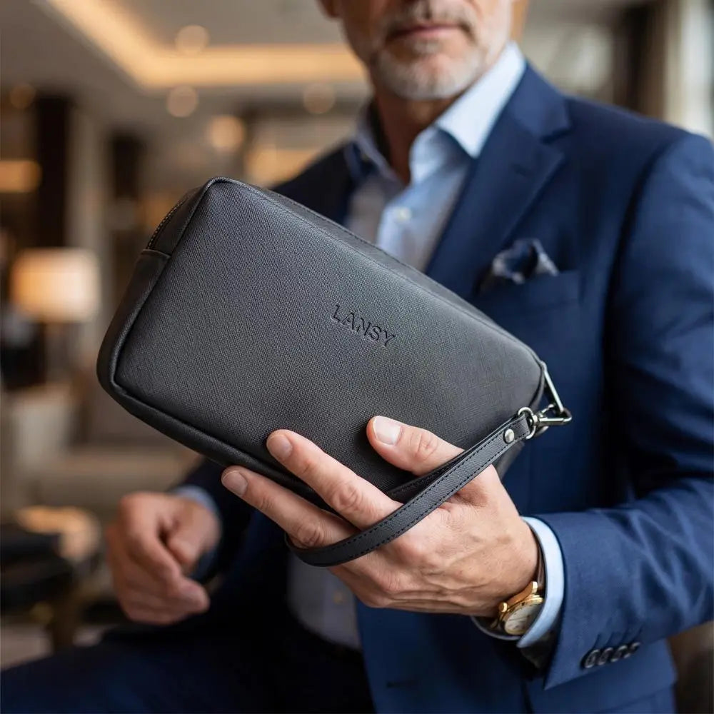 LANSY dark gray textured travel pouch with wrist strap styled with a navy blue suit.