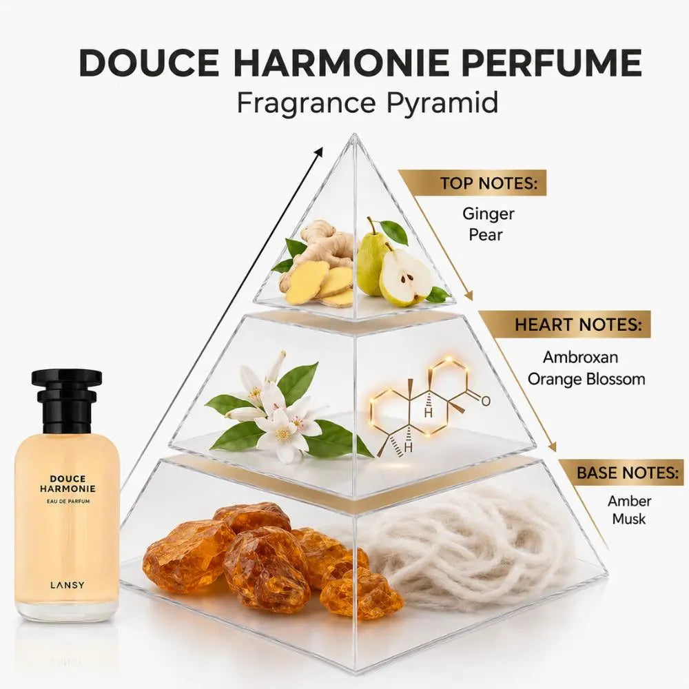 LANSY Douce Harmonie perfume fragrance pyramid showing top, heart and base notes.