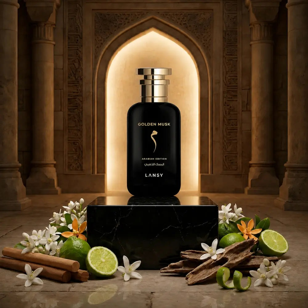 LANSY Golden Musk Arabian Edition perfume bottle with lime, cinnamon, white flowers and woods in an ornate setting.