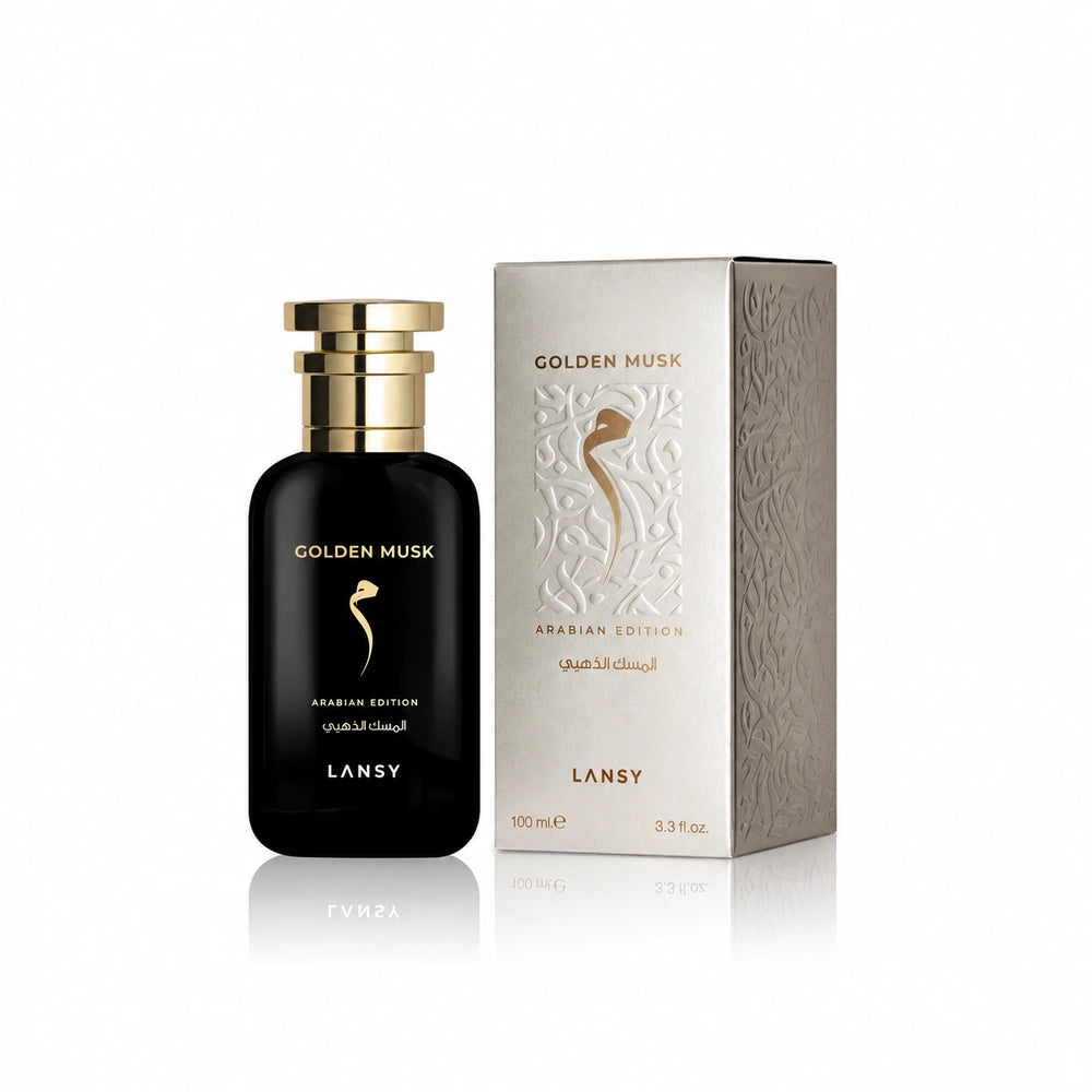 Lansy Golden Musk perfume bottle and packaging on a white background