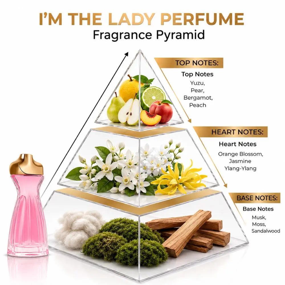 LANSY I’m The Lady perfume fragrance pyramid showing top, heart and base notes.