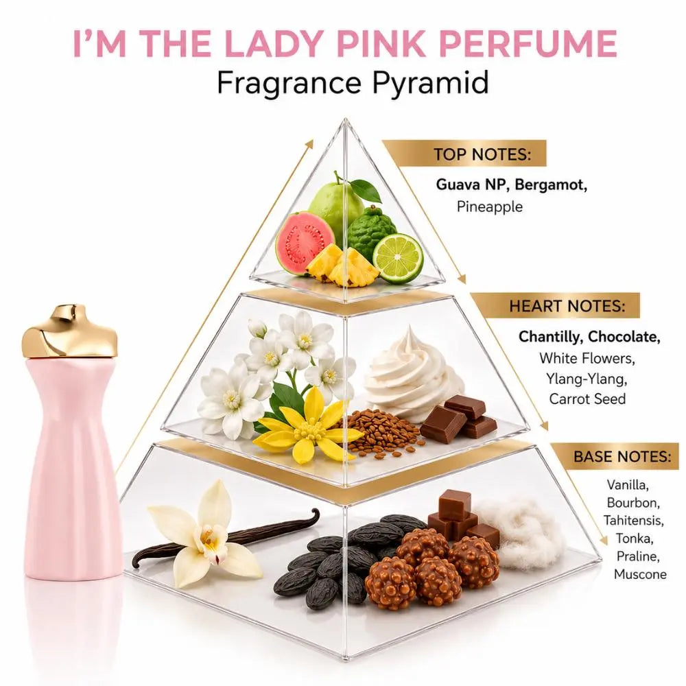 LANSY I’m The Lady Pink perfume fragrance pyramid showing top, heart and base notes.