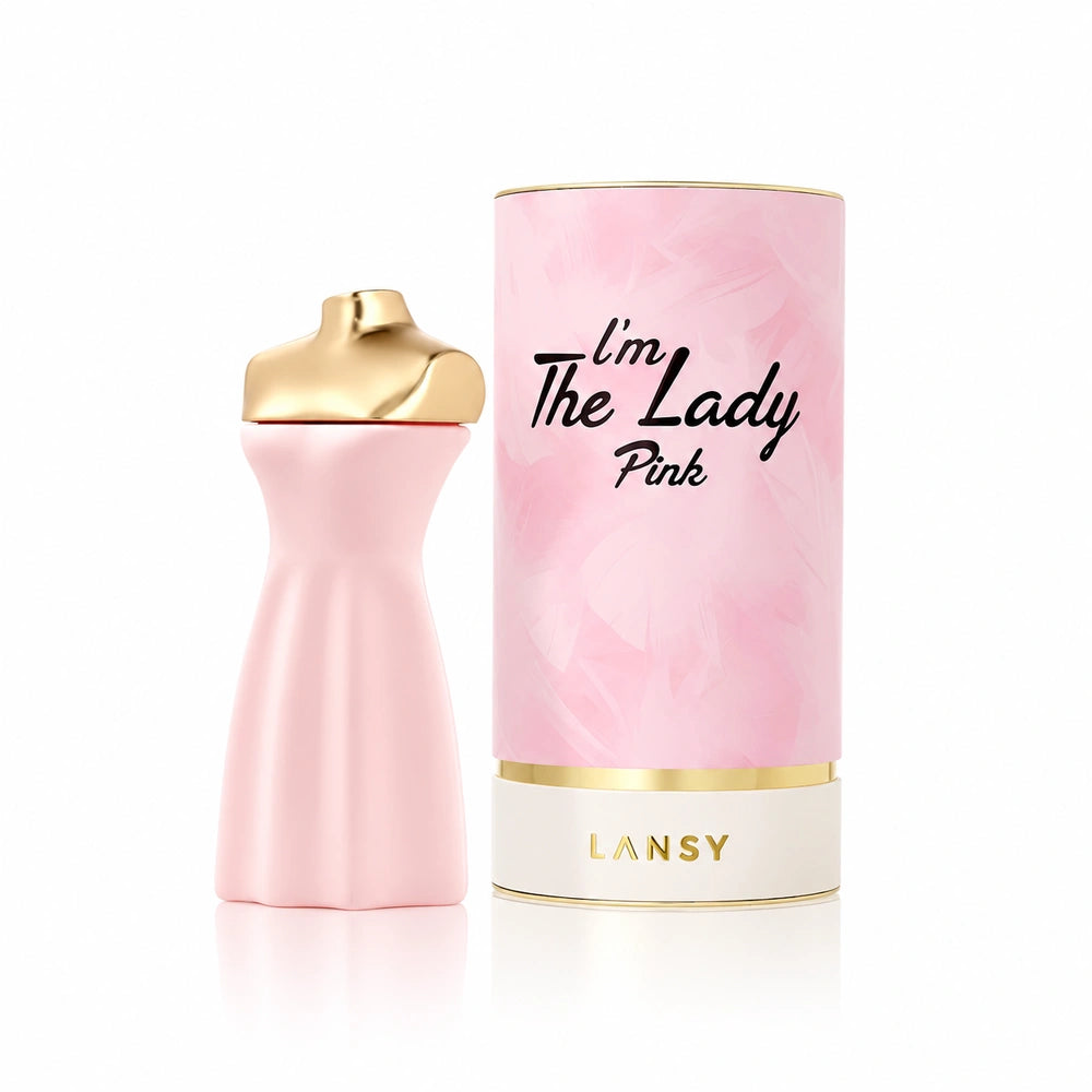 Pink perfume bottle and packaging with &