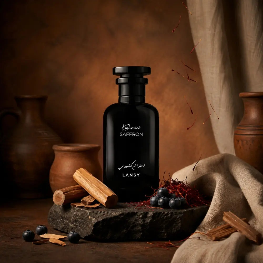 LANSY Khamri Saffron perfume bottle with cinnamon, blueberries and saffron on a warm rustic background.