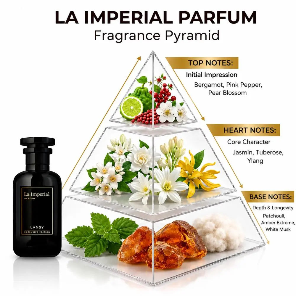LANSY La Imperial Parfum fragrance pyramid showing top, heart and base notes.