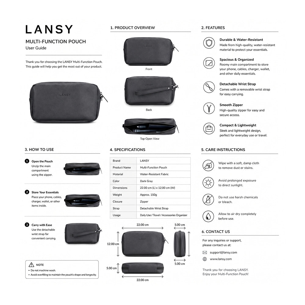 LANSY Multi-Function Pouch guide showing features, usage, specifications and care instructions.