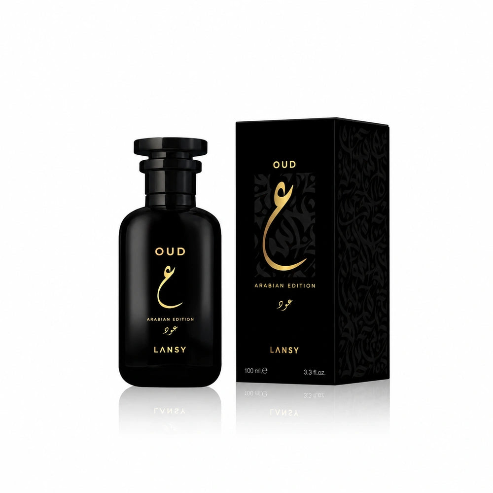 Lansy Oud Arabian Edition perfume bottle and packaging on a white background