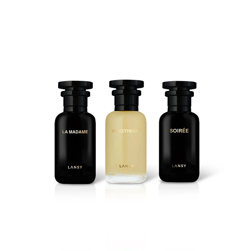 LANSY La Madame, Sécure and Soirée perfume bottles on a white background.