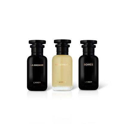 LANSY La Madame, Sécure and Soirée perfume bottles on a white background.