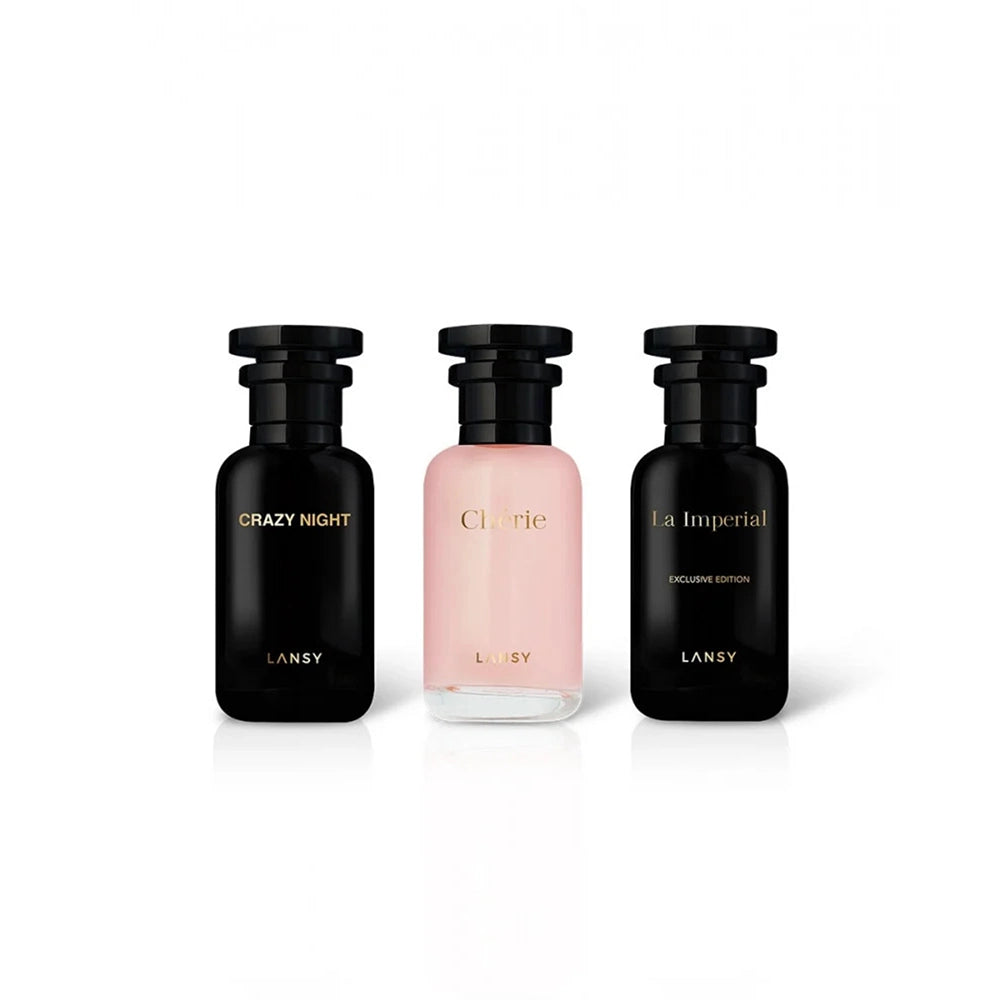 LANSY Crazy Night, Charlie and La Imperiale perfume bottles on a white background.