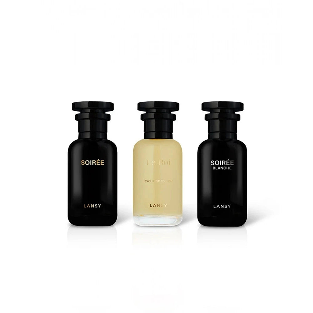Three LANSY perfume bottles on a white background.