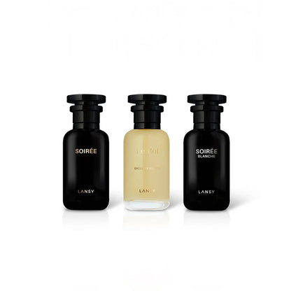 Three LANSY perfume bottles on a white background.
