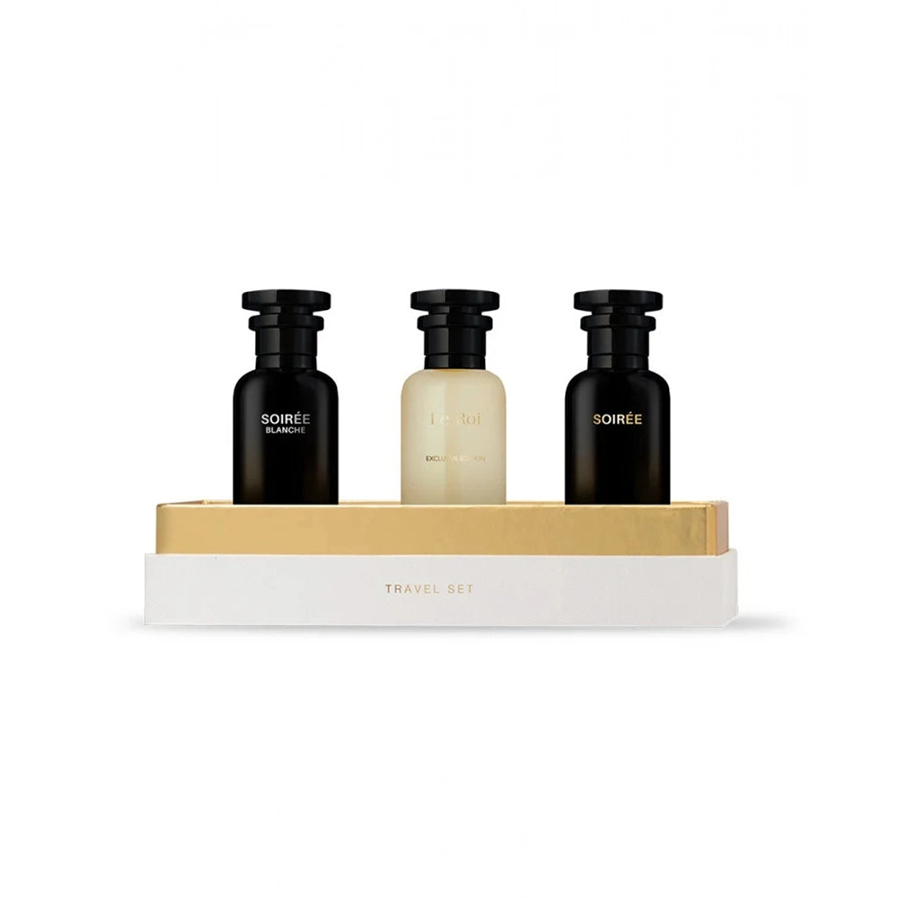 Three LANSY perfume bottles on a white platform with a gold tray.