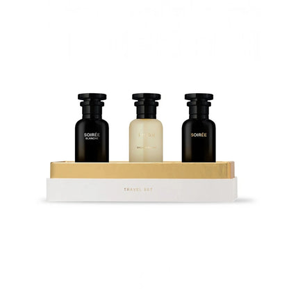 Three LANSY perfume bottles on a white platform with a gold tray.