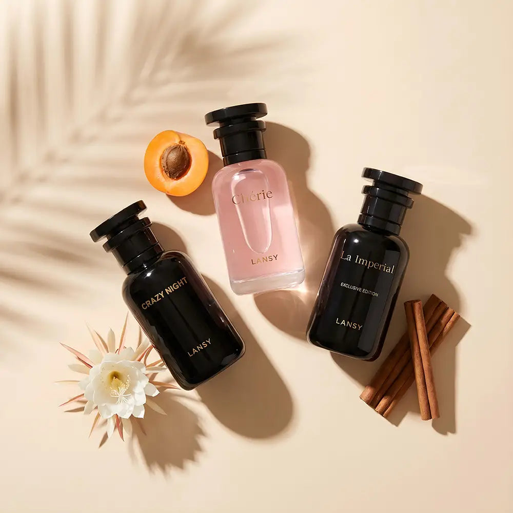 LANSY Crazy Night, Chloé and La Imperial fragrance bottles with peach, white flower and cinnamon.