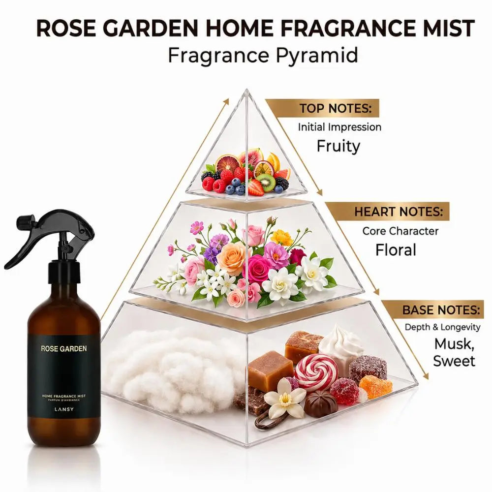 LANSY Rose Garden Home Fragrance Mist pyramid showing fruity, floral, musk and sweet notes.