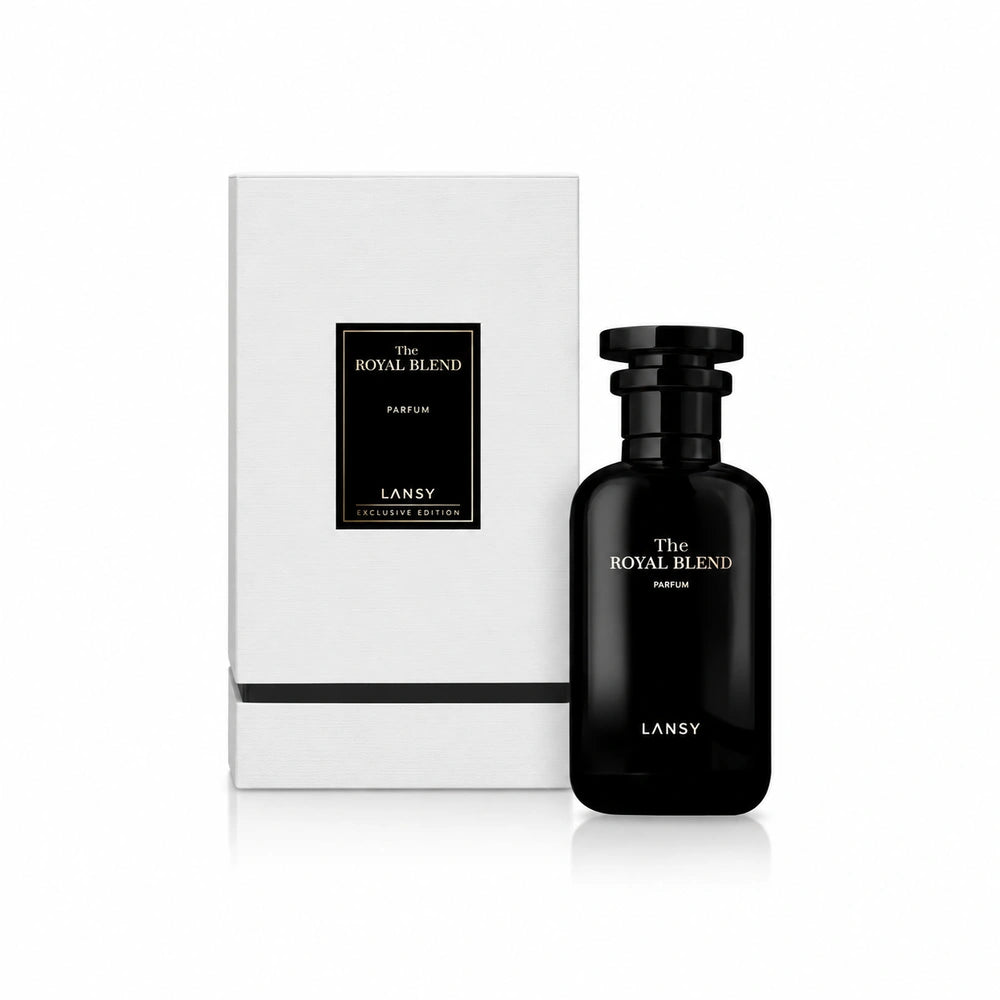Black LANSY perfume bottle and packaging on a white background