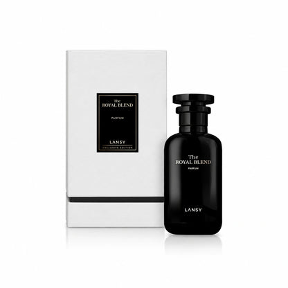 Black LANSY perfume bottle and packaging on a white background
