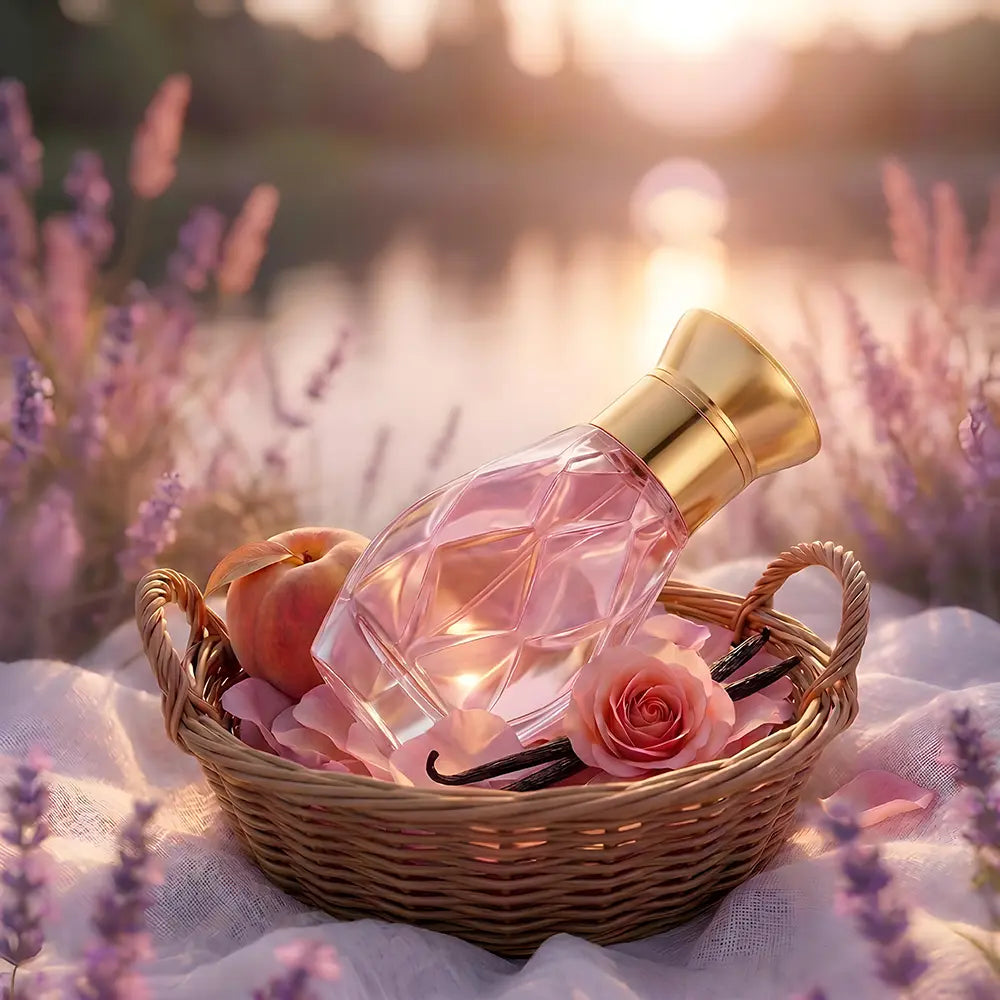 LANSY Secret Bloom perfume bottle with gold cap, lavender flowers and apple in a decorative basket.