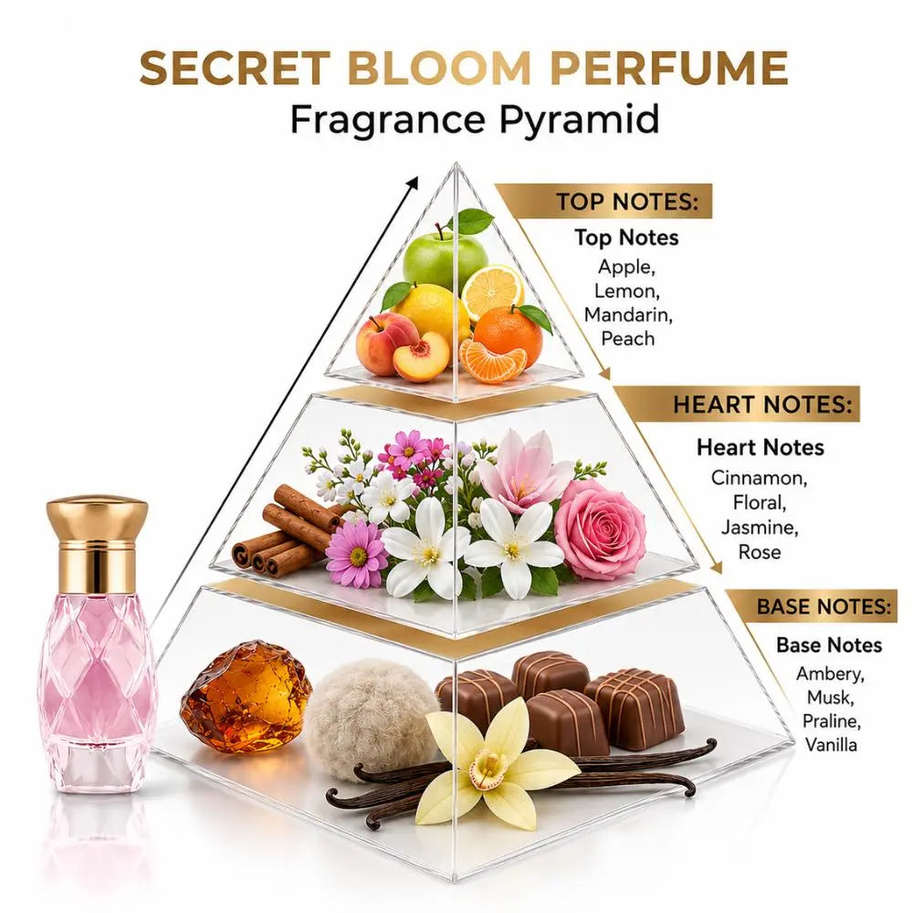 LANSY Secret Bloom perfume fragrance pyramid showing top, heart and base notes.