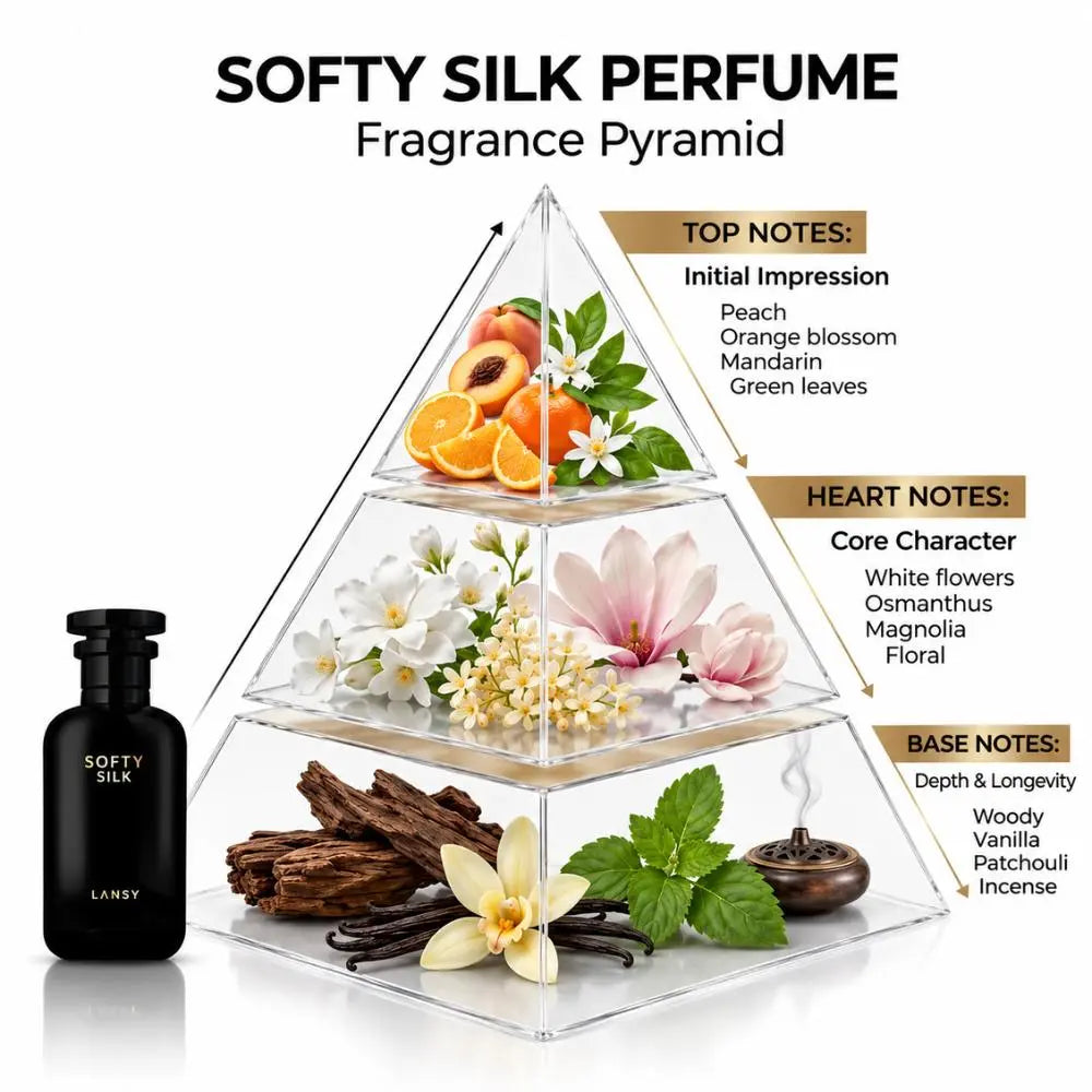 LANSY Softy Silk perfume fragrance pyramid showing top, heart and base notes.