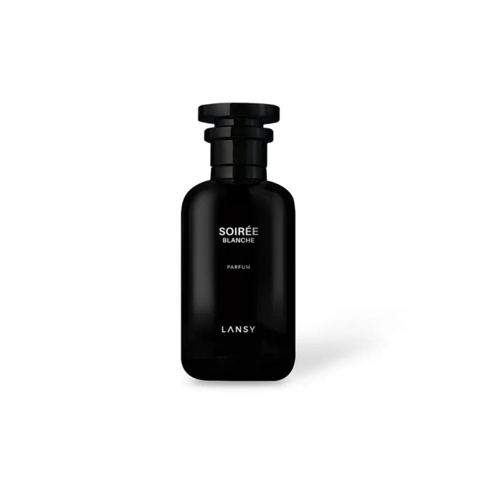 LANSY Soirée Blanche Parfum matte black perfume bottle on a white background.