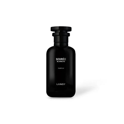 LANSY Soirée Blanche Parfum matte black perfume bottle on a white background.