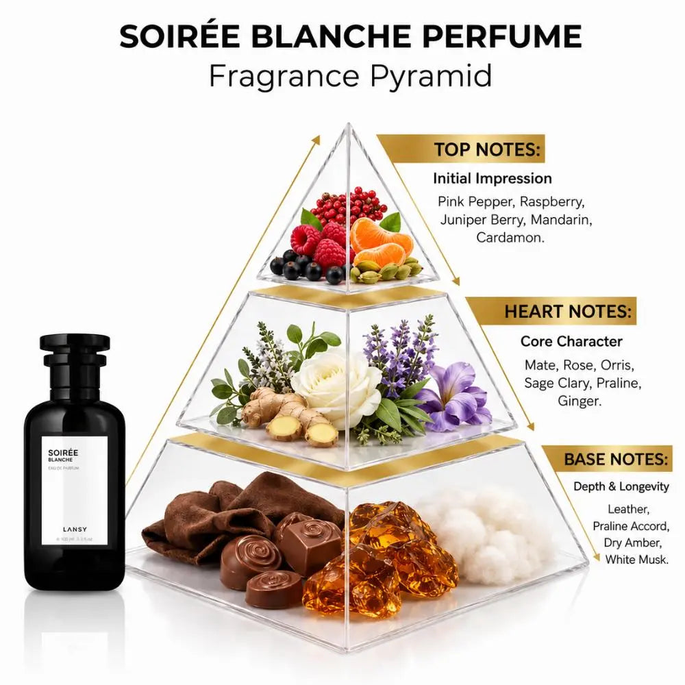 LANSY Soirée Blanche perfume fragrance pyramid showing top, heart and base notes.