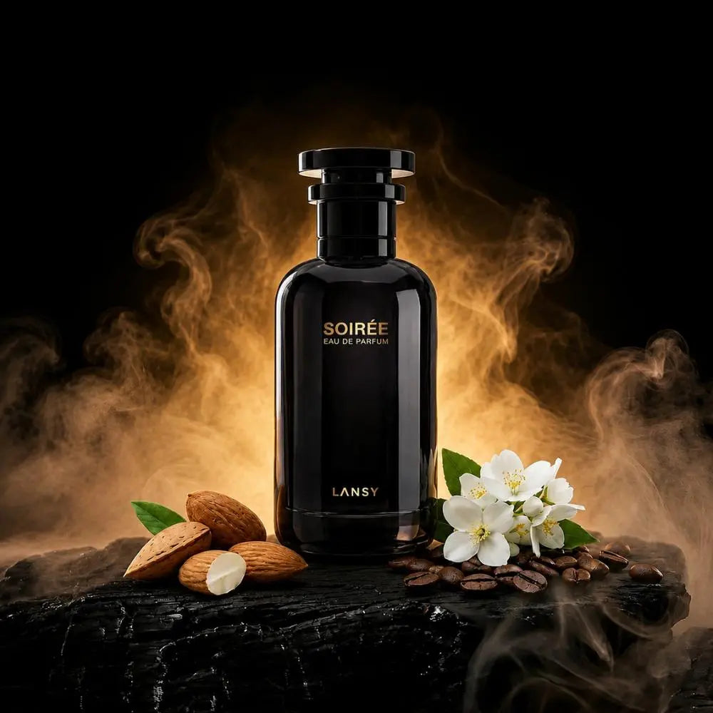 LANSY Soirée Eau de Parfum bottle with almonds, white flowers and coffee beans on a dark smoky background.