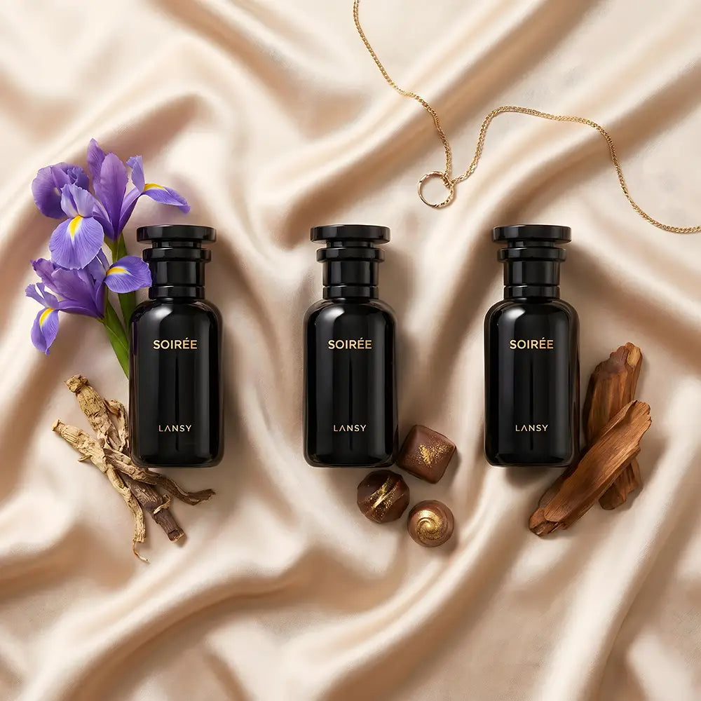LANSY Soirée perfume bottles with iris flowers, roots and nuts on champagne satin.