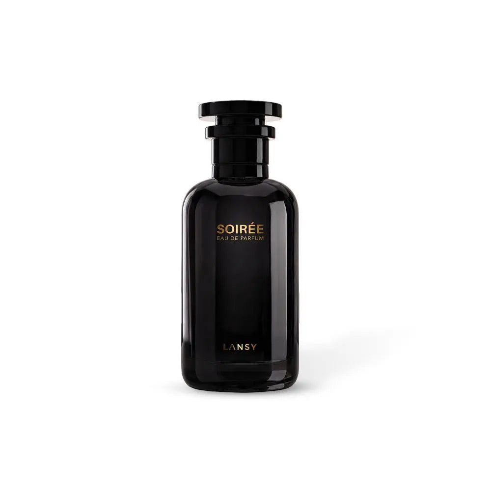 LANSY Soiree Eau de Parfum black perfume bottle on a white background.