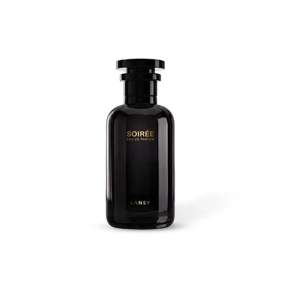 LANSY Soiree Eau de Parfum black perfume bottle on a white background.