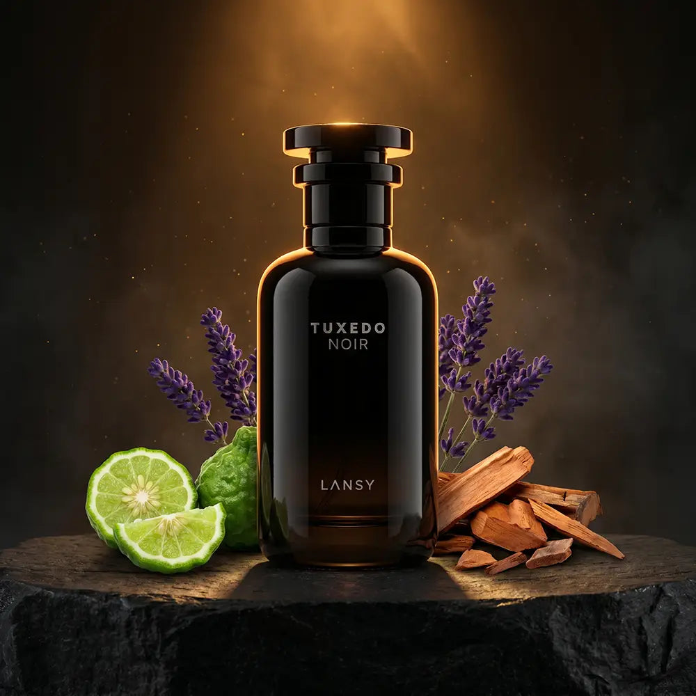 Tuxedo Noir perfume with lime, cinnamon and lavender on a dramatic dark background.