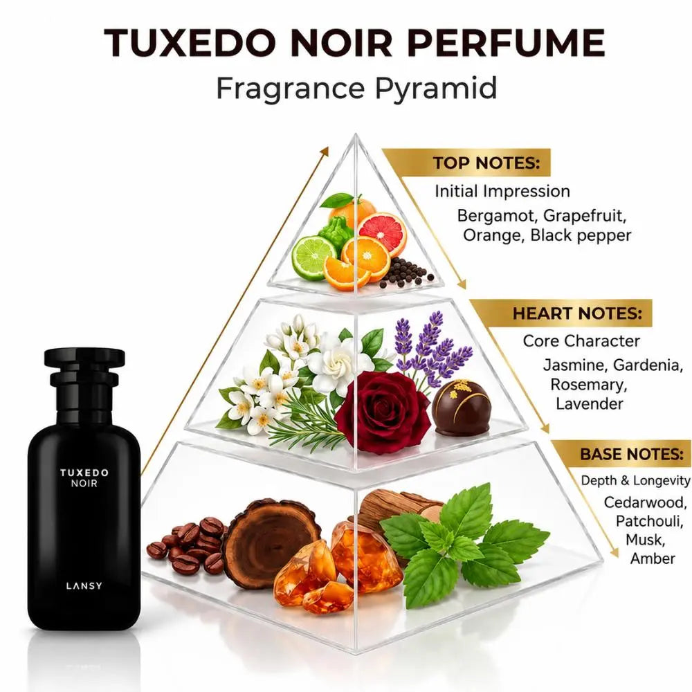 LANSY Tuxedo Noir perfume fragrance pyramid showing top, heart and base notes.