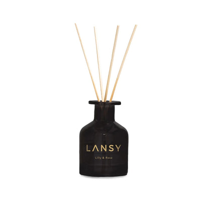 Black LANSY diffuser bottle with wooden sticks on a white background