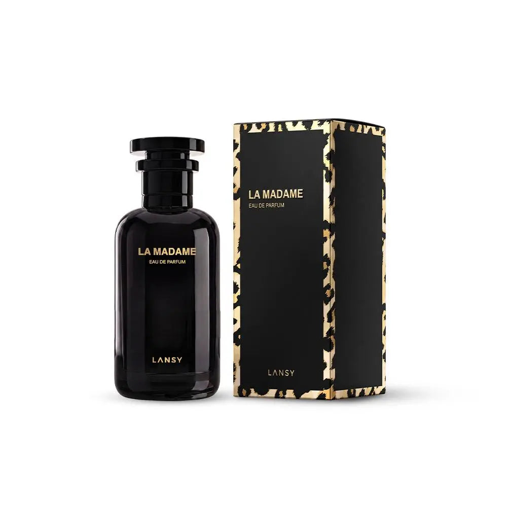 LANSY La Madame Eau de Parfum bottle with black and gold packaging on a white background.