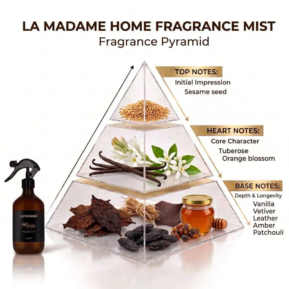 Fragrance pyramid graphic for La Madame Home Fragrance Mist listing top notes (Sesame seed), heart notes (Tuberose, Orange blossom), and base notes (Vanilla, Vetiver, Leather).