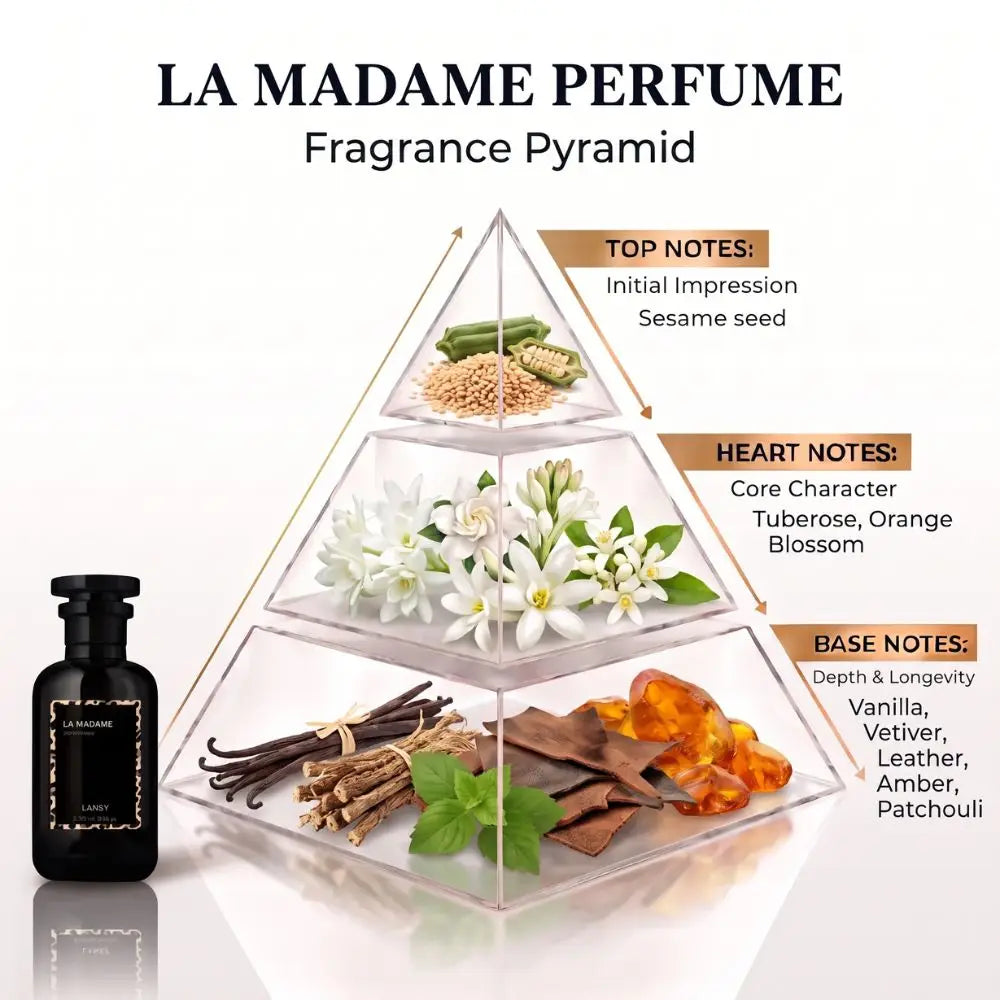 La Madame Perfume fragrance pyramid diagram showing a clear three-tier pyramid filled with perfume ingredients and notes, alongside a black perfume bottle on a white background with text labels for top notes, heart notes, and base notes.