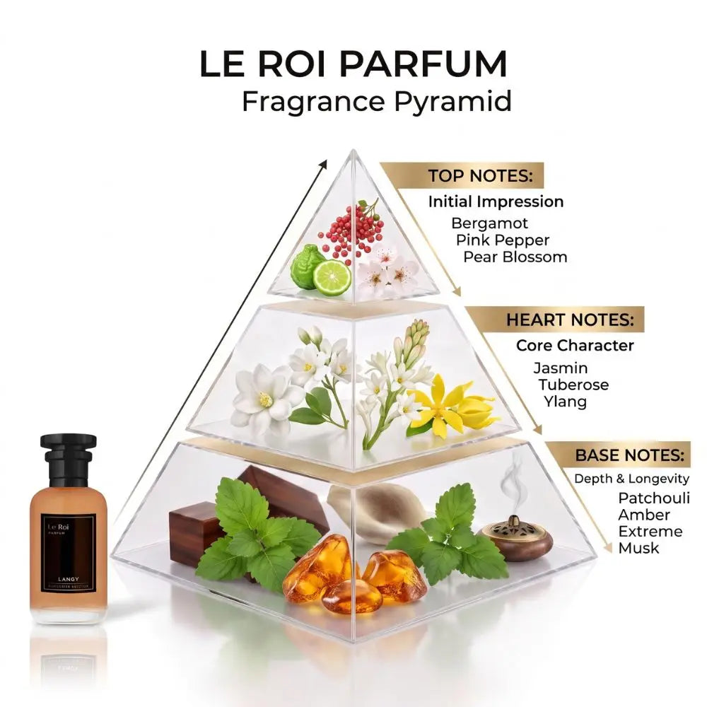 Fragrance pyramid graphic for Le Roi Parfum listing top notes (Bergamot, Pink Pepper), heart notes (Jasmin, Tuberose, Ylang), and base notes (Patchouli, Amber, Extreme Musk).