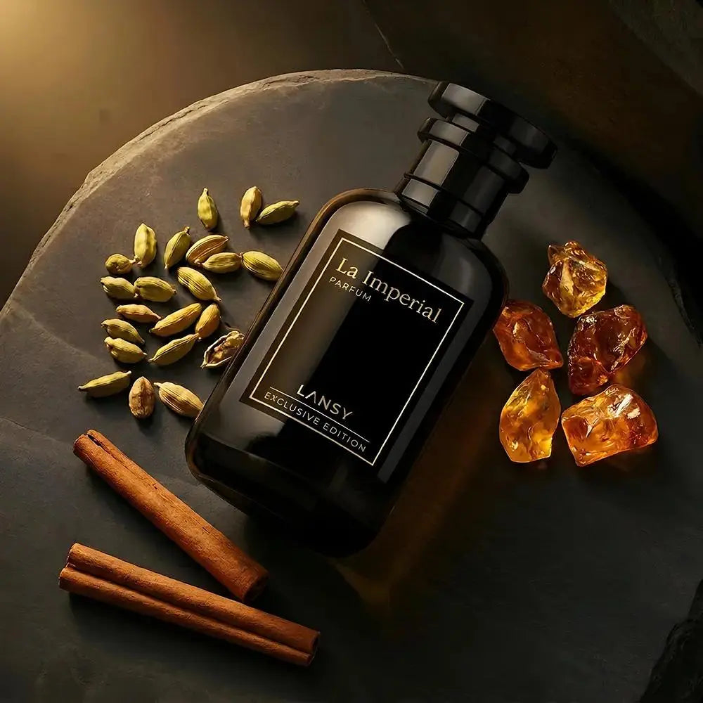 La Imperial Parfum with cinnamon, cardamom and amber stones on a dark surface.
