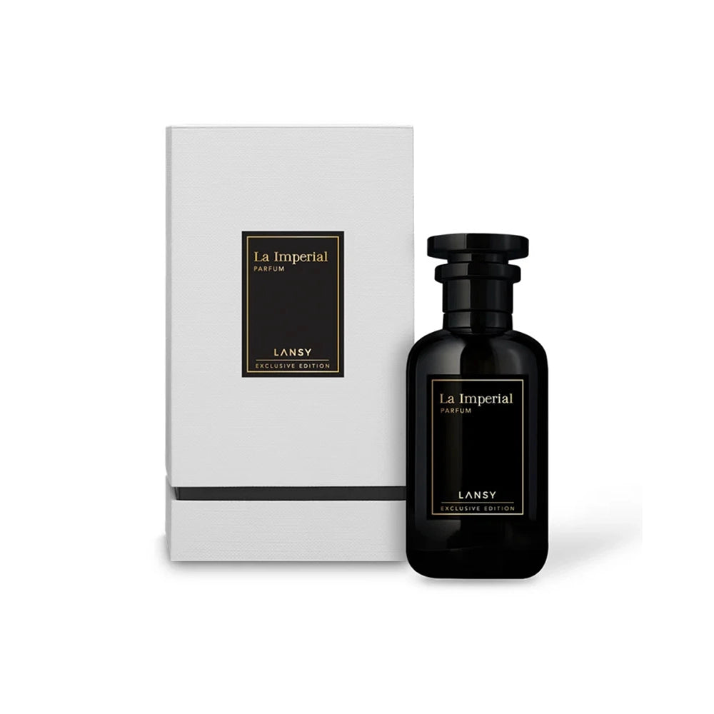Black perfume bottle and packaging with &