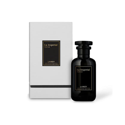 Black perfume bottle and packaging with &