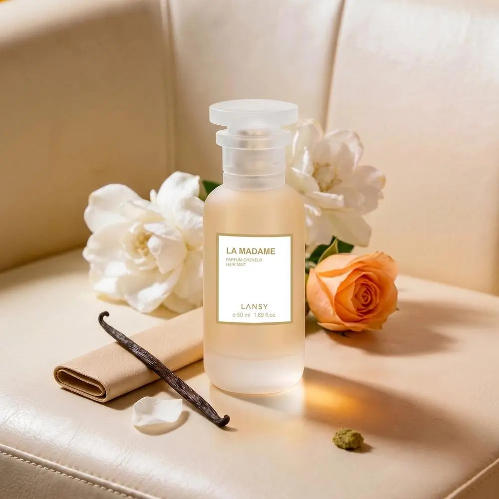 La Madame Hair Mist with white flowers, orange blossom and vanilla.