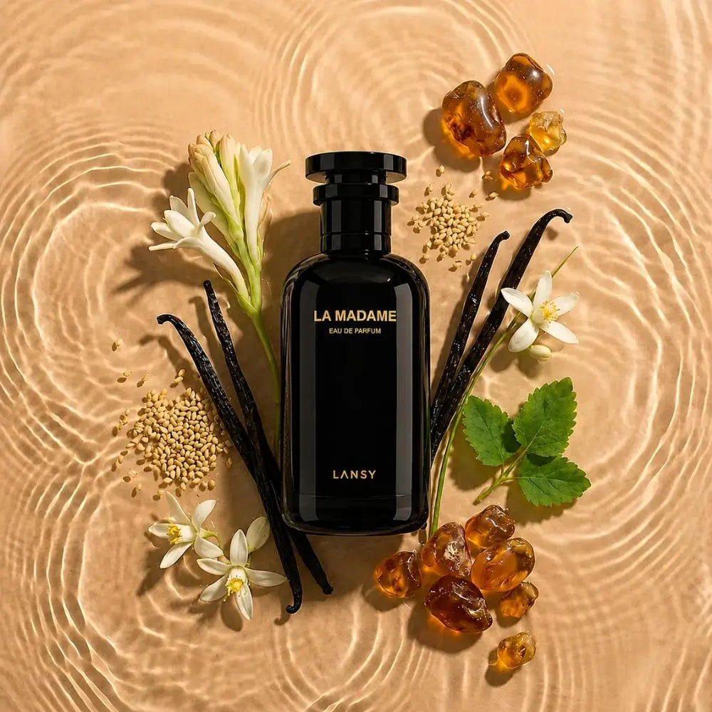 LANSY La Madame Eau de Parfum with vanilla, white flowers, green leaves and amber notes.