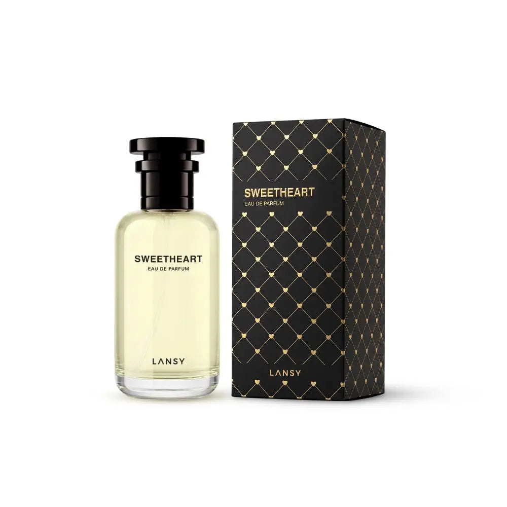 LANSY Sweetheart Eau de Parfum bottle with black and gold packaging on a white background.