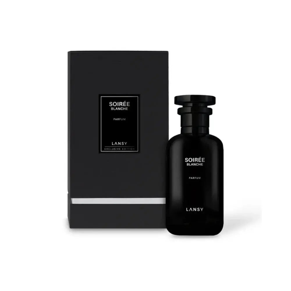 Black Lansy perfume bottle and packaging on a white background
