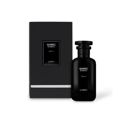 Black Lansy perfume bottle and packaging on a white background