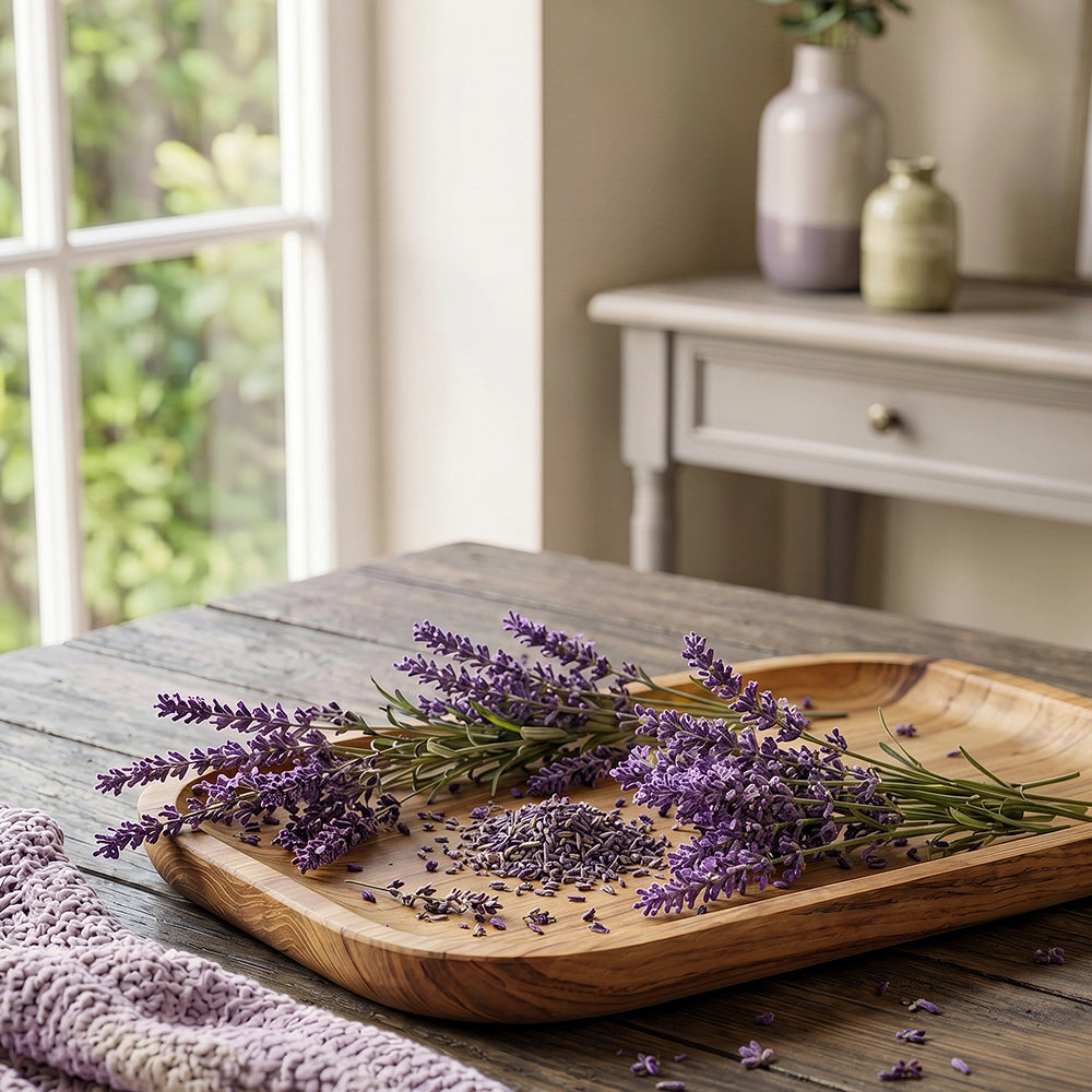 lavender sprigs and dried lavender on a rustic wooden tray.