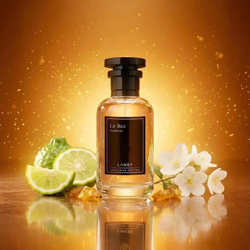 LANSY Le Roi Parfum bottle with lime, white blossoms and amber accents on a glowing gold background.